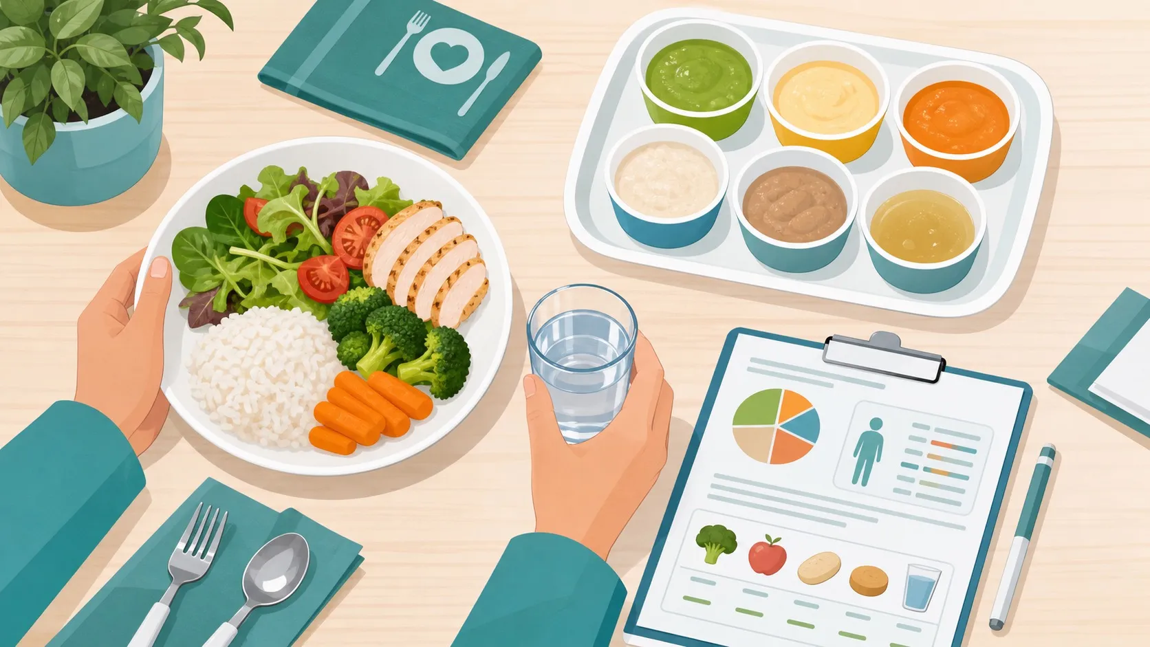 Illustrazione con piatto equilibrato, bicchiere d'acqua e scheda dieta in stile formazione OSS