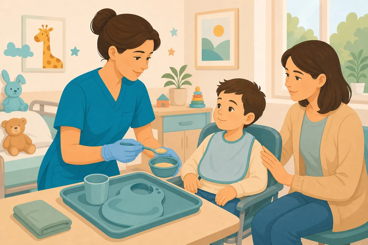 Illustrazione flat di un OSS che prepara in sicurezza il momento del pasto per un bambino in reparto pediatrico