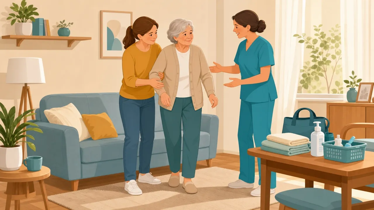 Caregiver familiare e OSS che assistono una persona anziana in un ambiente domestico sicuro