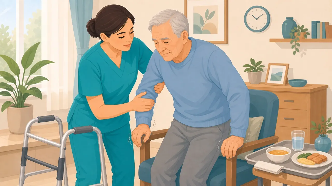OSS che assiste un anziano con Parkinson nel passaggio in piedi con deambulatore vicino e pasto sul tavolo