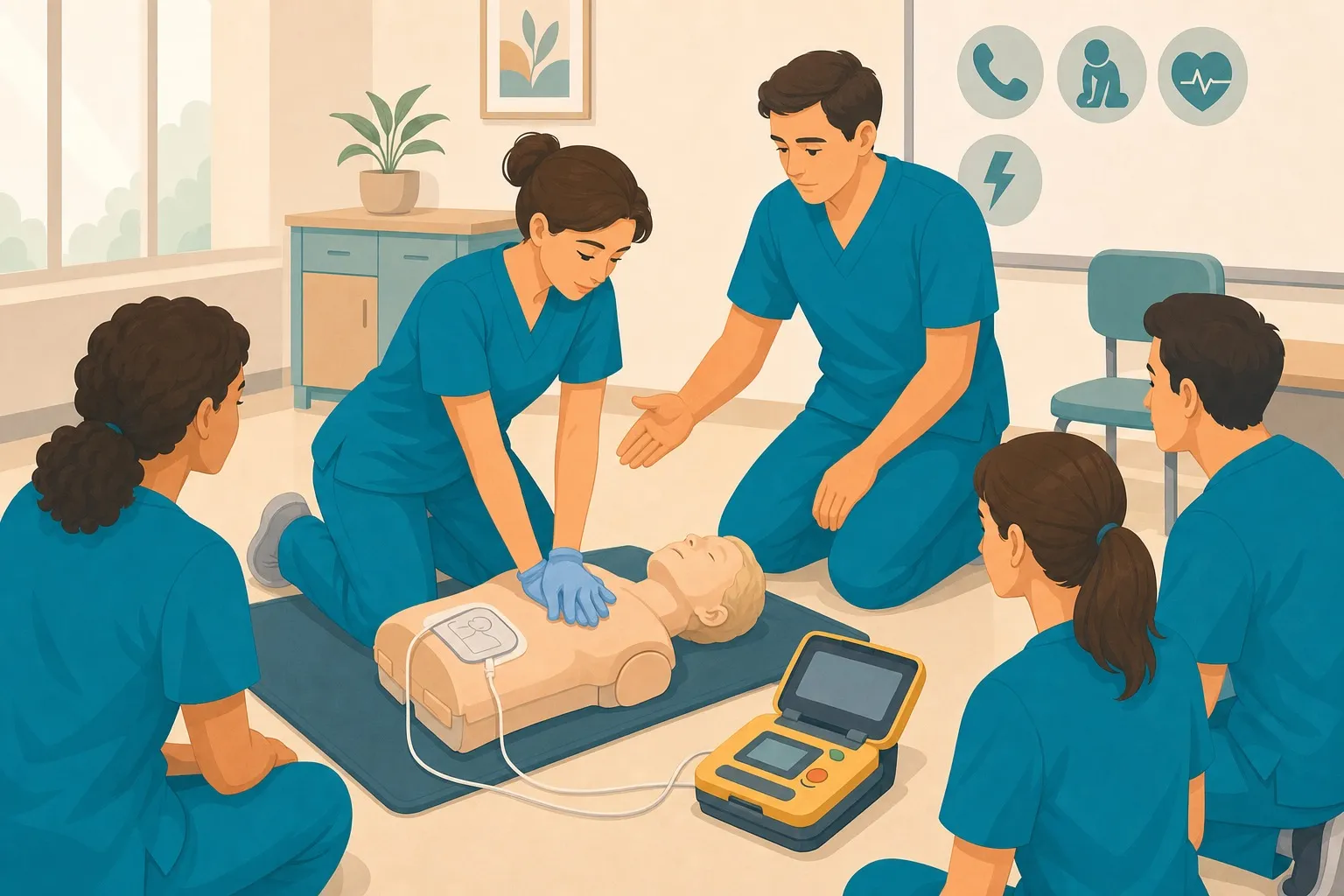 Illustrazione flat di un OSS che si esercita sul BLS con manichino e defibrillatore in aula formativa