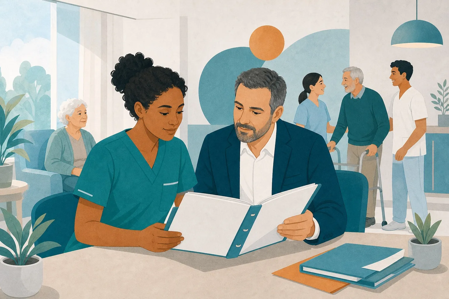 Operatore sociosanitario in RSA che esamina il contratto ANASTE