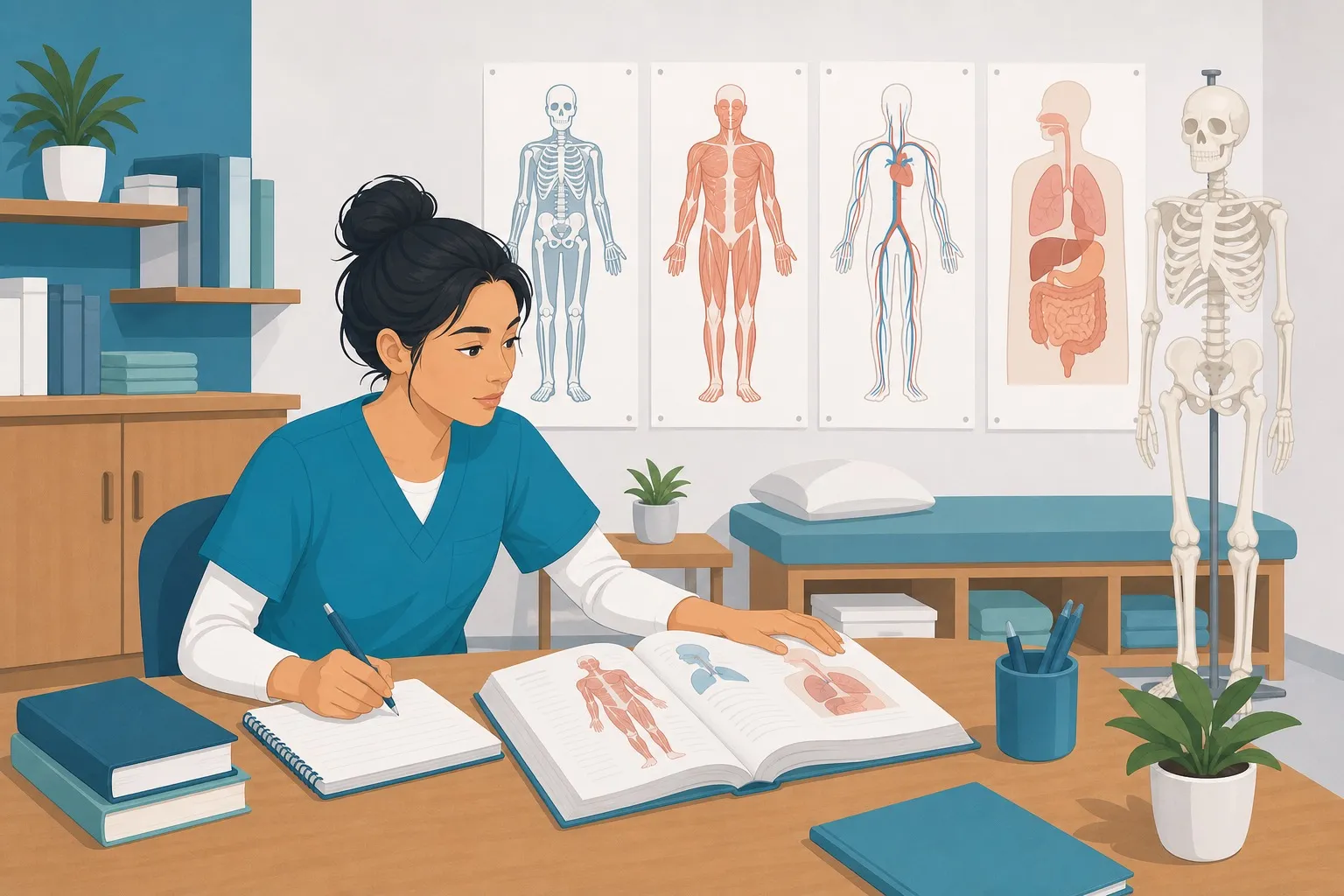 OSS che studia sistemi del corpo umano su poster anatomici semplificati