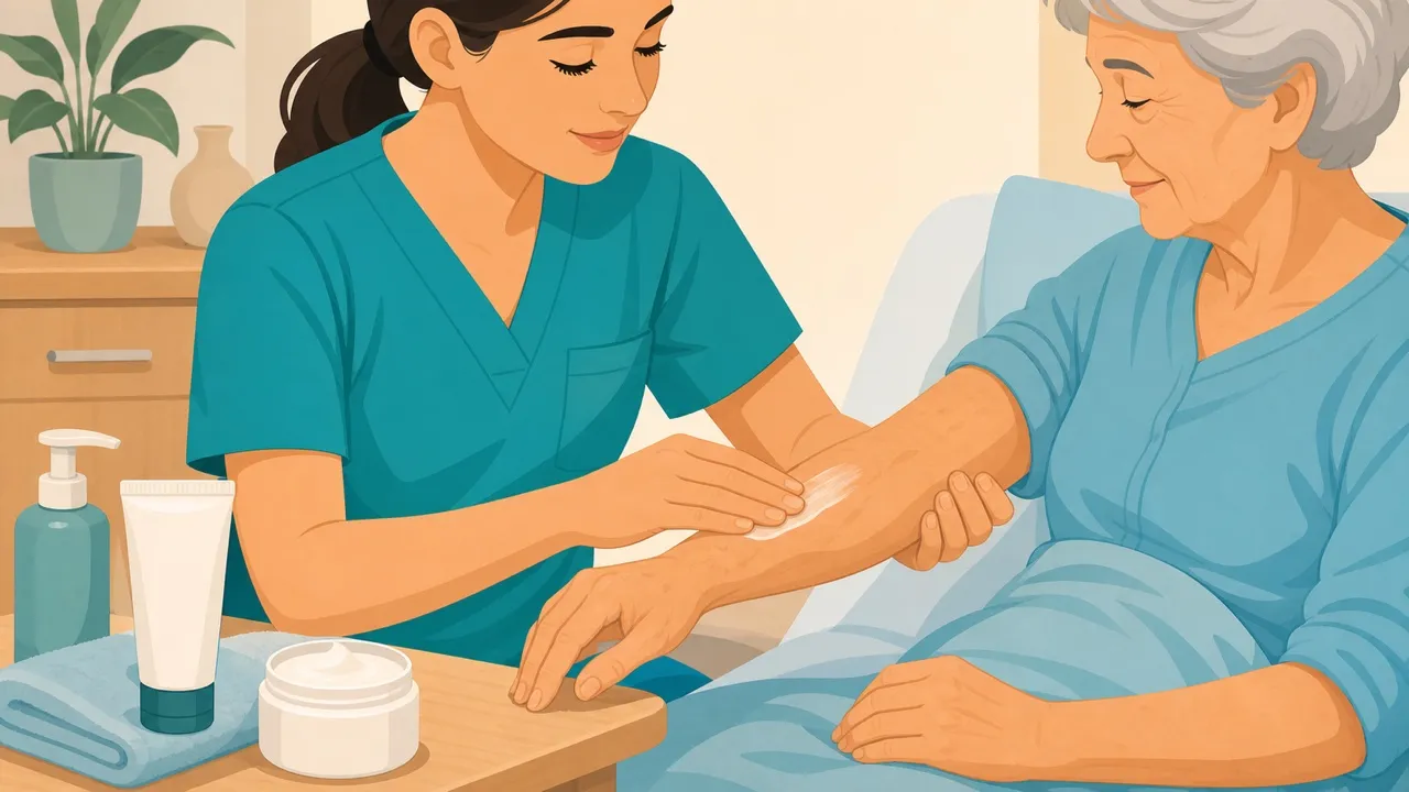 OSS che applica con delicatezza crema idratante sul braccio di un'anziana per prevenire secchezza e lesioni