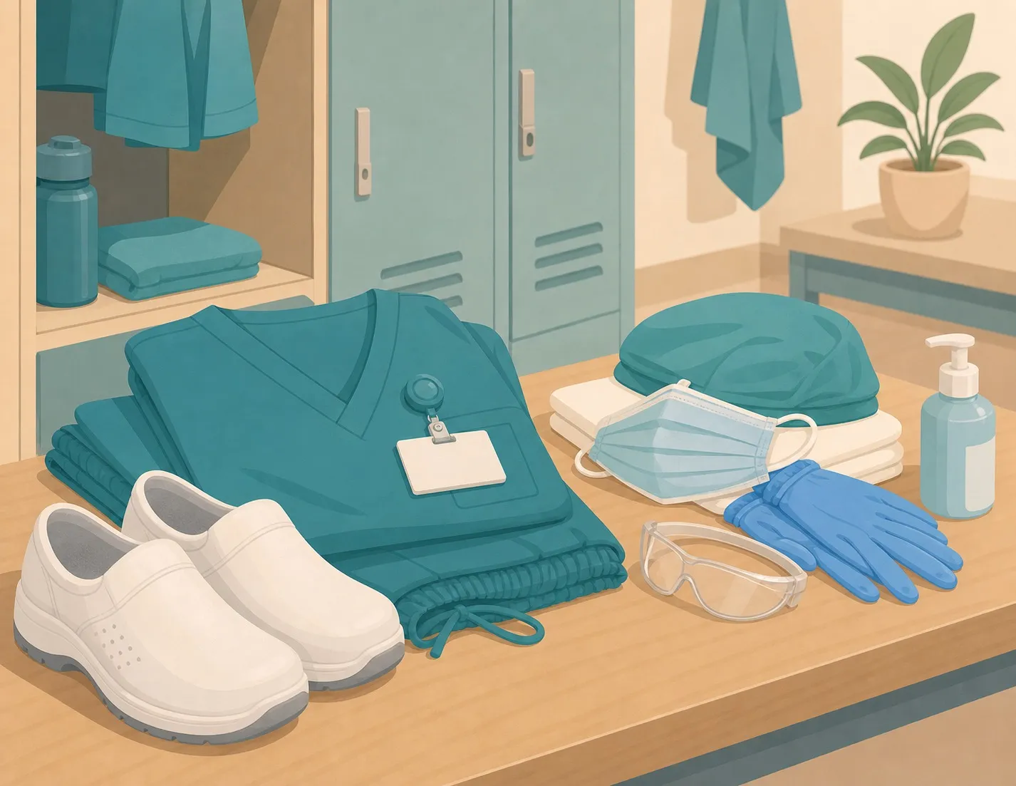 Illustrazione flat di una divisa OSS ordinata con scarpe chiuse e DPI in spogliatoio sanitario