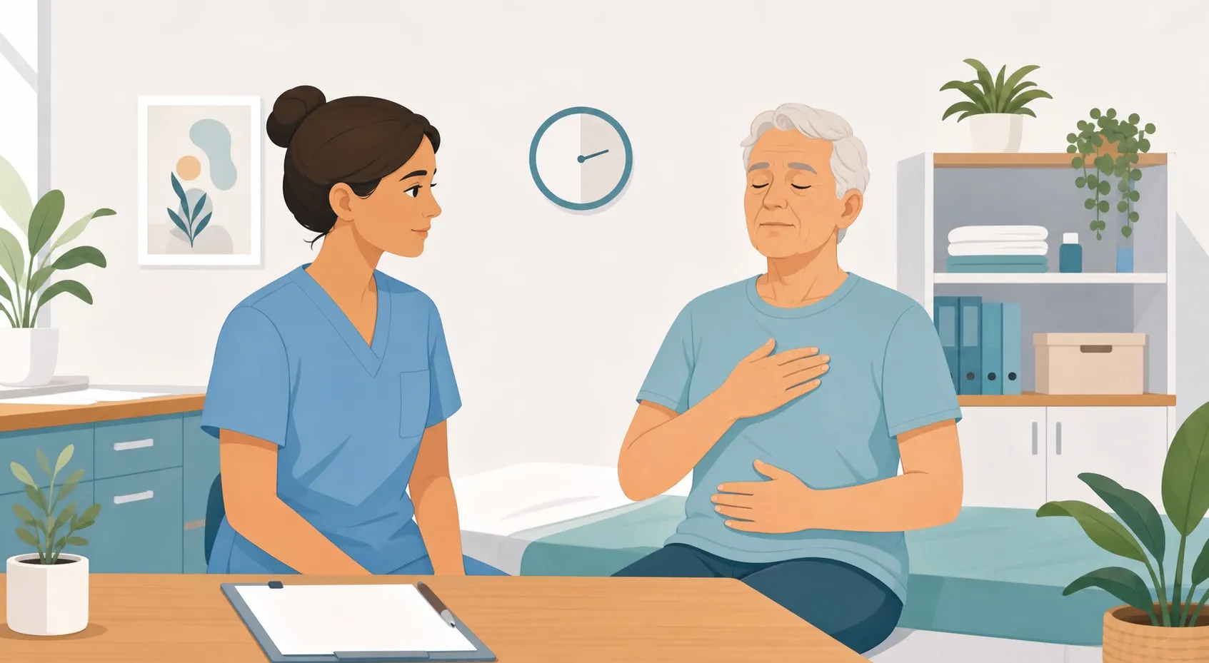 OSS osserva il respiro di una persona anziana seduta in ambiente clinico