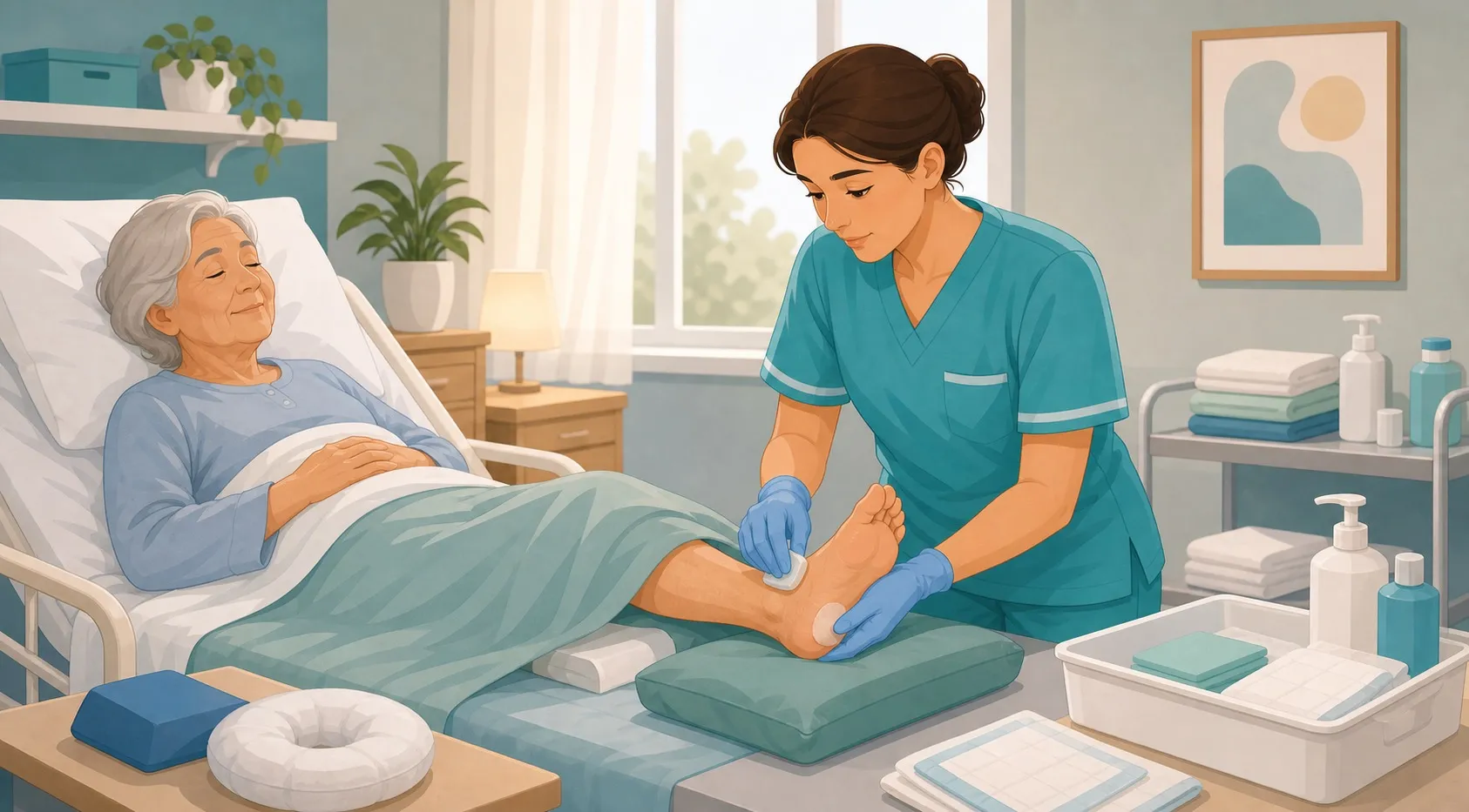 OSS che ispeziona e protegge con delicatezza la pelle del tallone di un paziente per prevenire lesioni da frizione