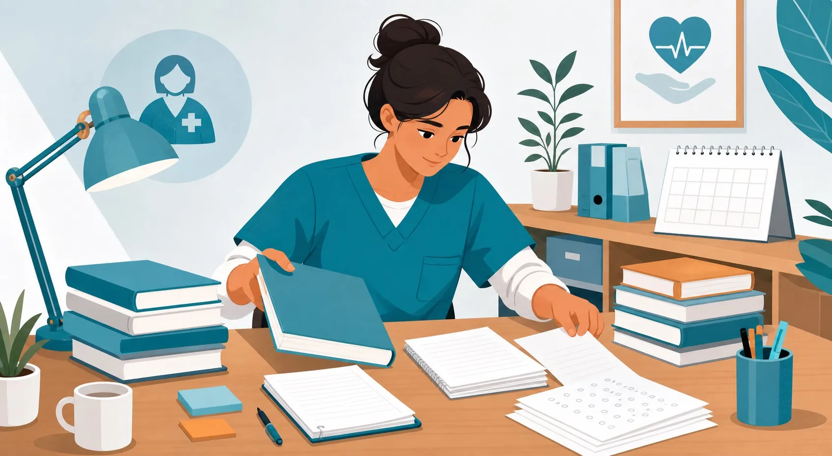 Studente OSS che organizza libri, quiz e appunti per preparare un concorso OSS