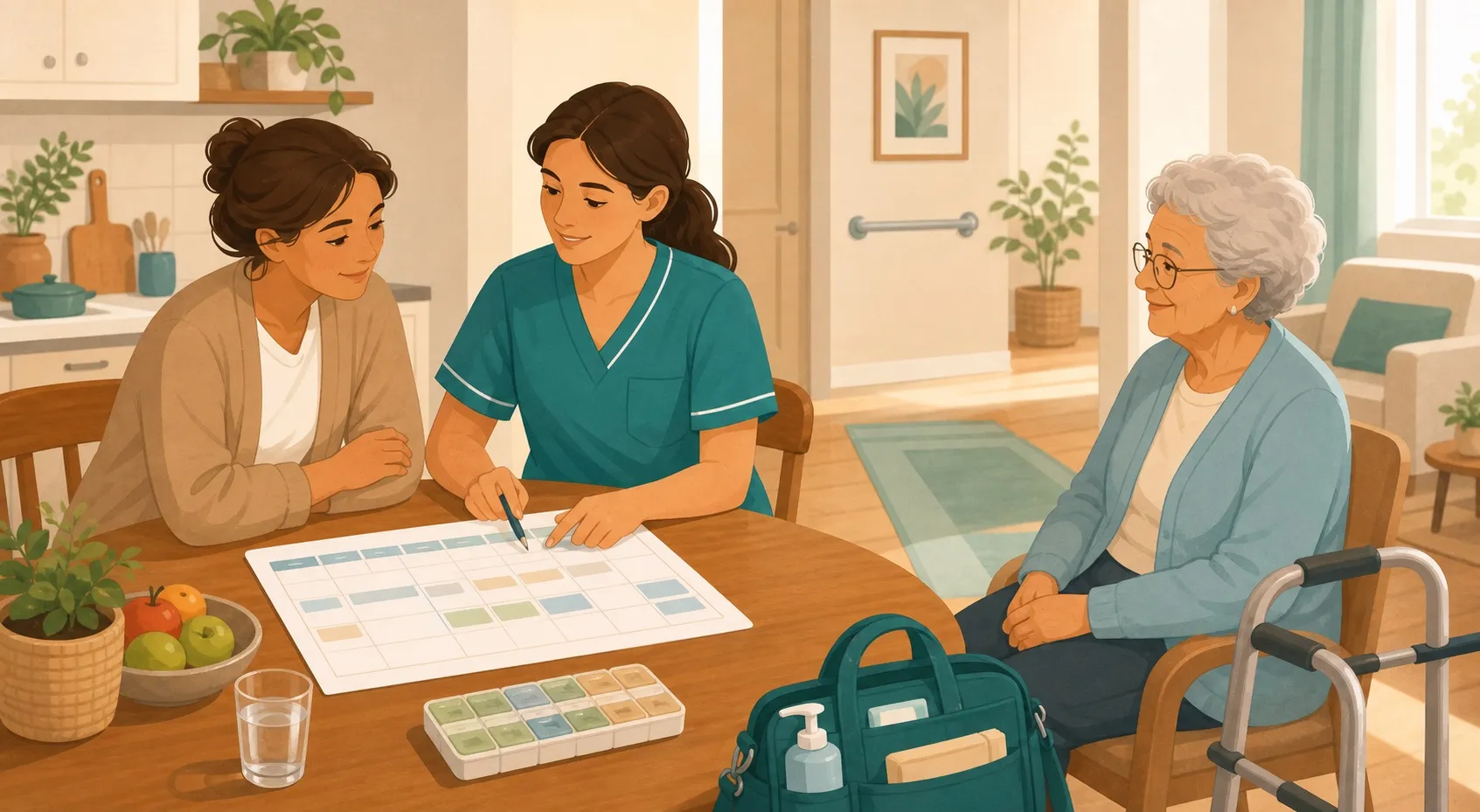 Famiglia e OSS che organizzano l'assistenza domiciliare di un anziano non autosufficiente