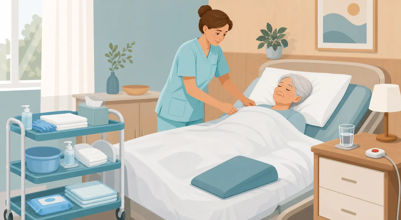OSS prepara la routine assistenziale per una persona anziana allettata