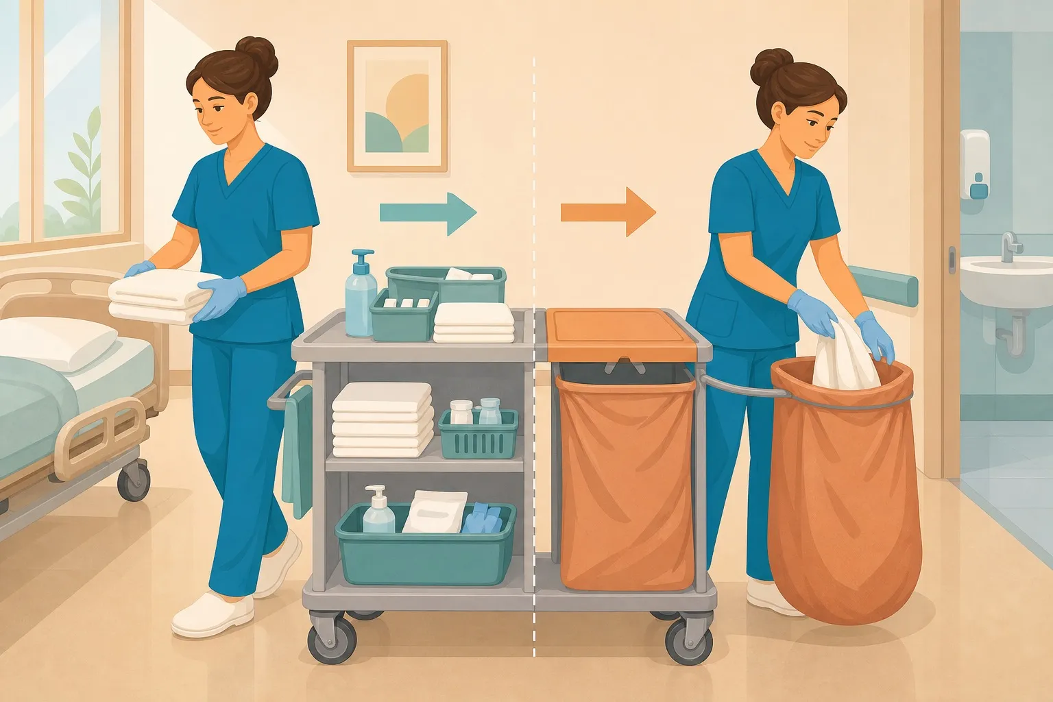 Illustrazione di un carrello assistenziale con percorso pulito-sporco separato per prevenire contaminazioni