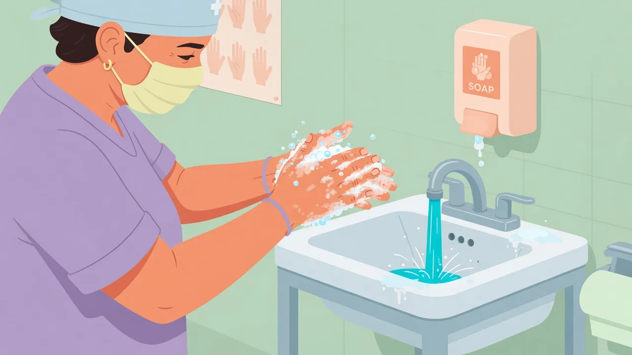 Infermiera o operatrice che lava accuratamente le mani insaponate sotto il getto d'acqua di un lavandino clinico professionale in acciaio