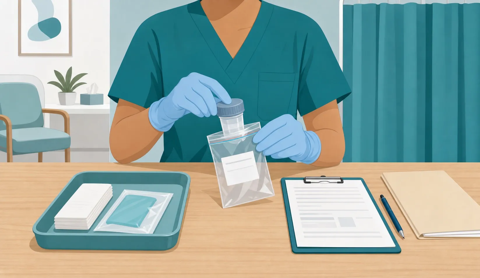 Illustrazione OSS che prepara un contenitore sterile e una scheda per raccolta campione in ambiente riservato