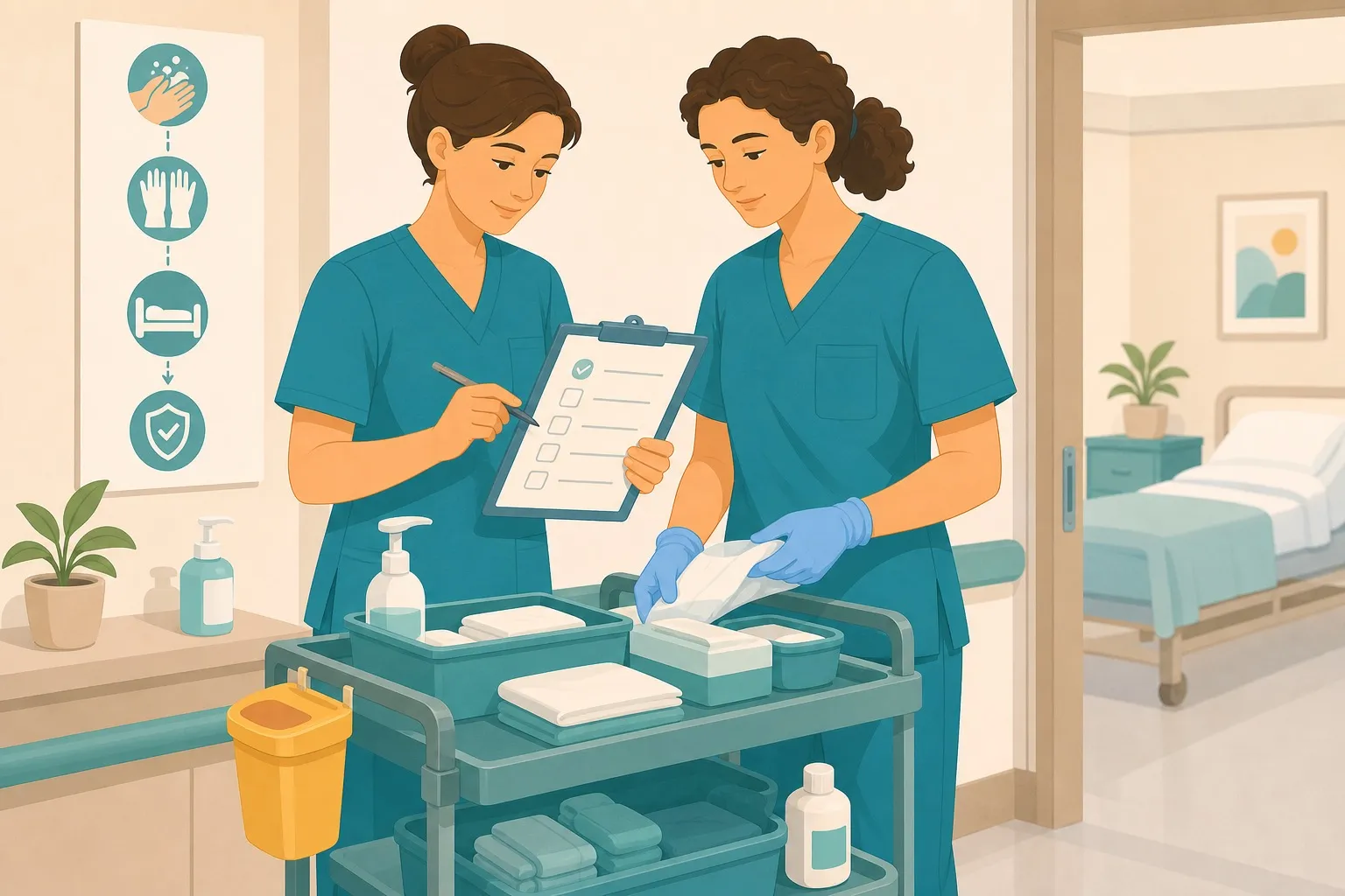 Illustrazione di operatori socio sanitari che consultano una procedura operativa con materiali assistenziali ordinati