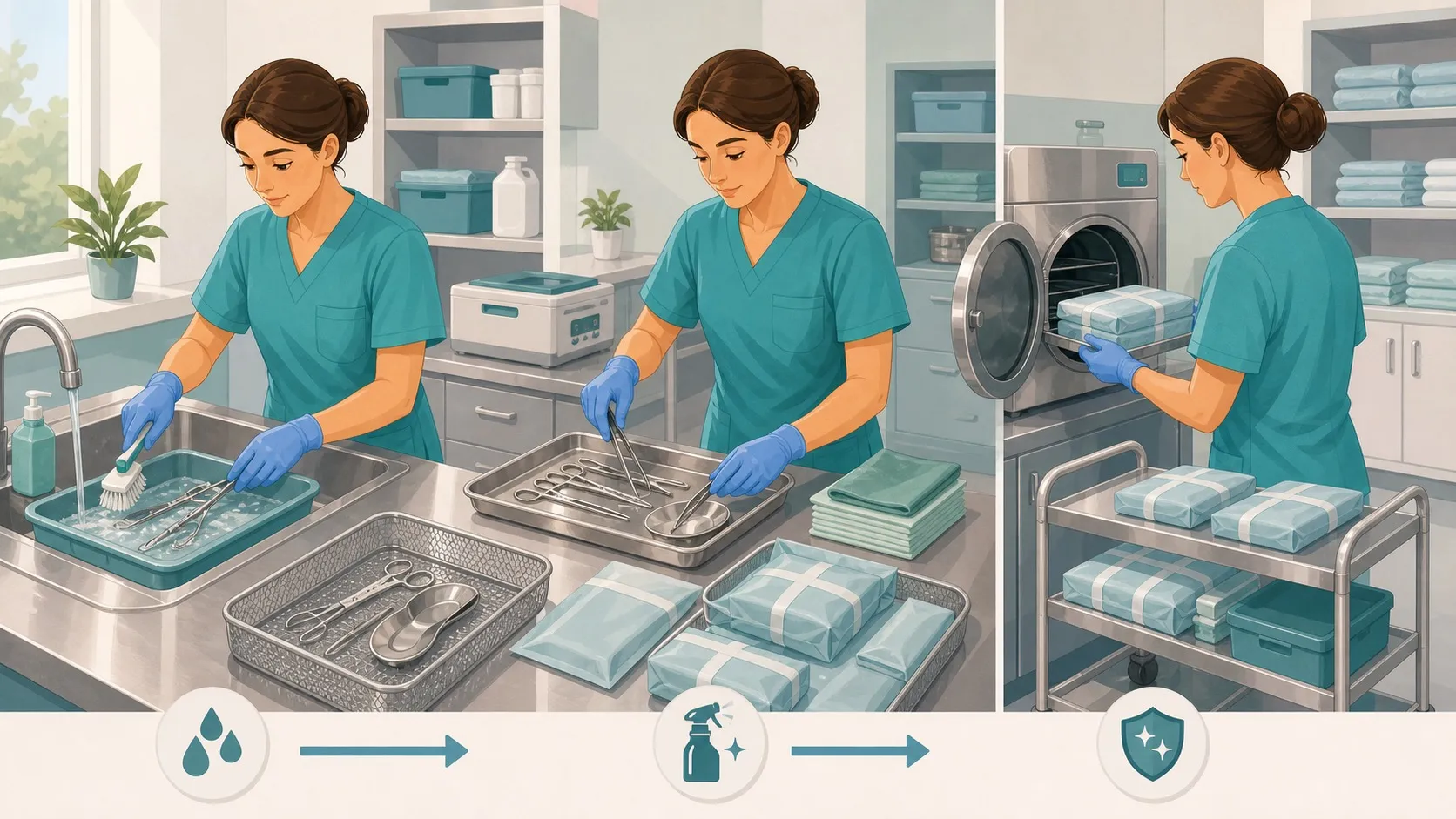 OSS che prepara strumenti e materiali per decontaminazione, disinfezione e sterilizzazione in area pulita