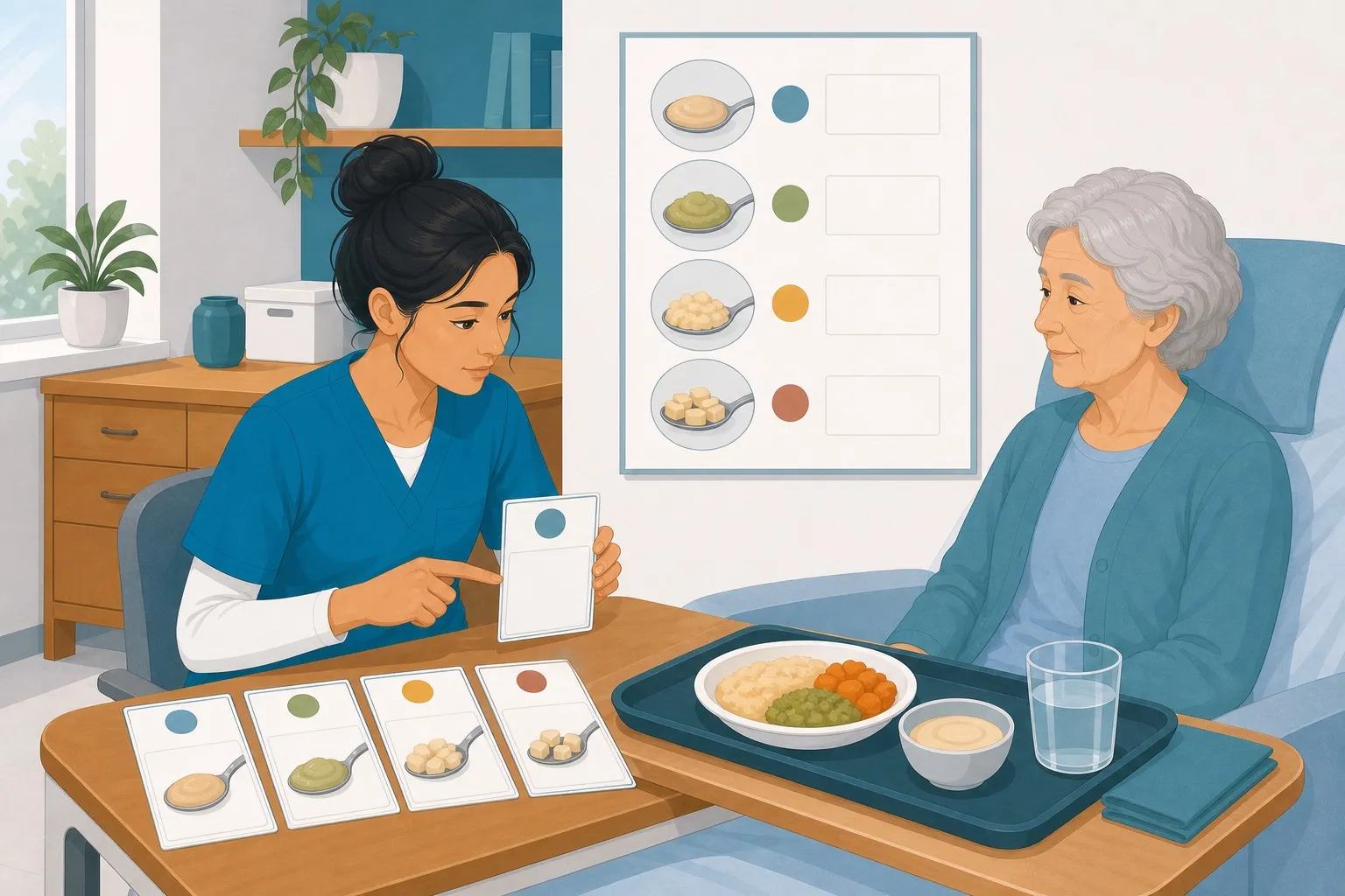 OSS che controlla un vassoio pasto con schede dieta vuote e consistenze diverse