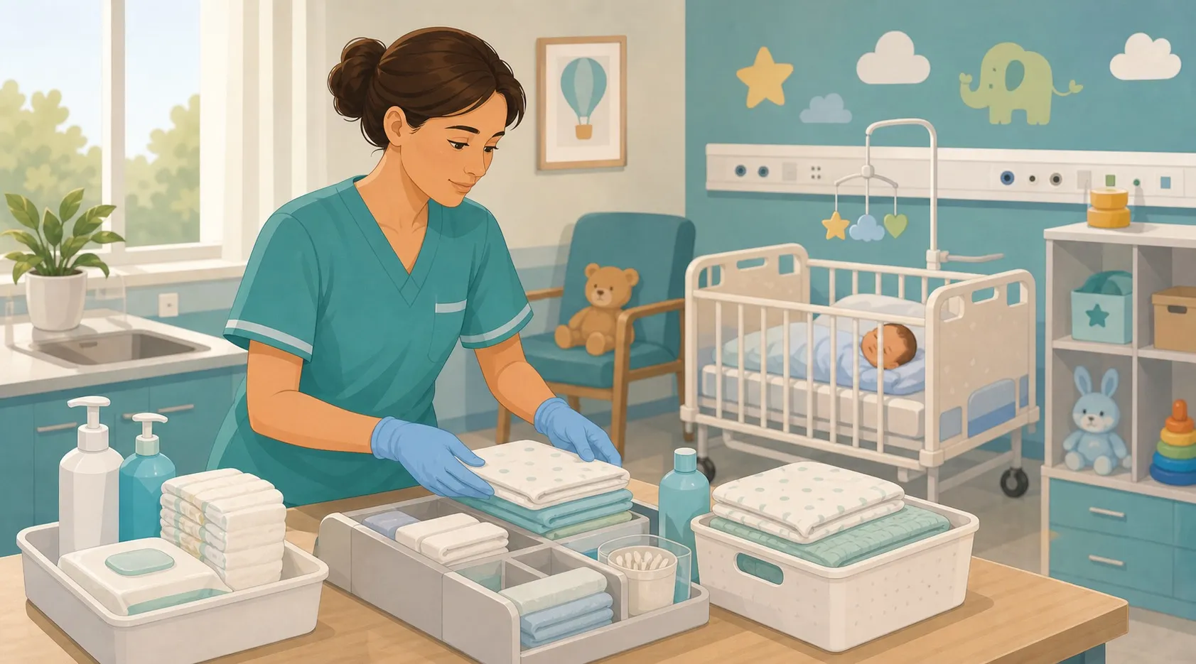 OSS che prepara materiali puliti in un reparto pediatrico e neonatologico accogliente