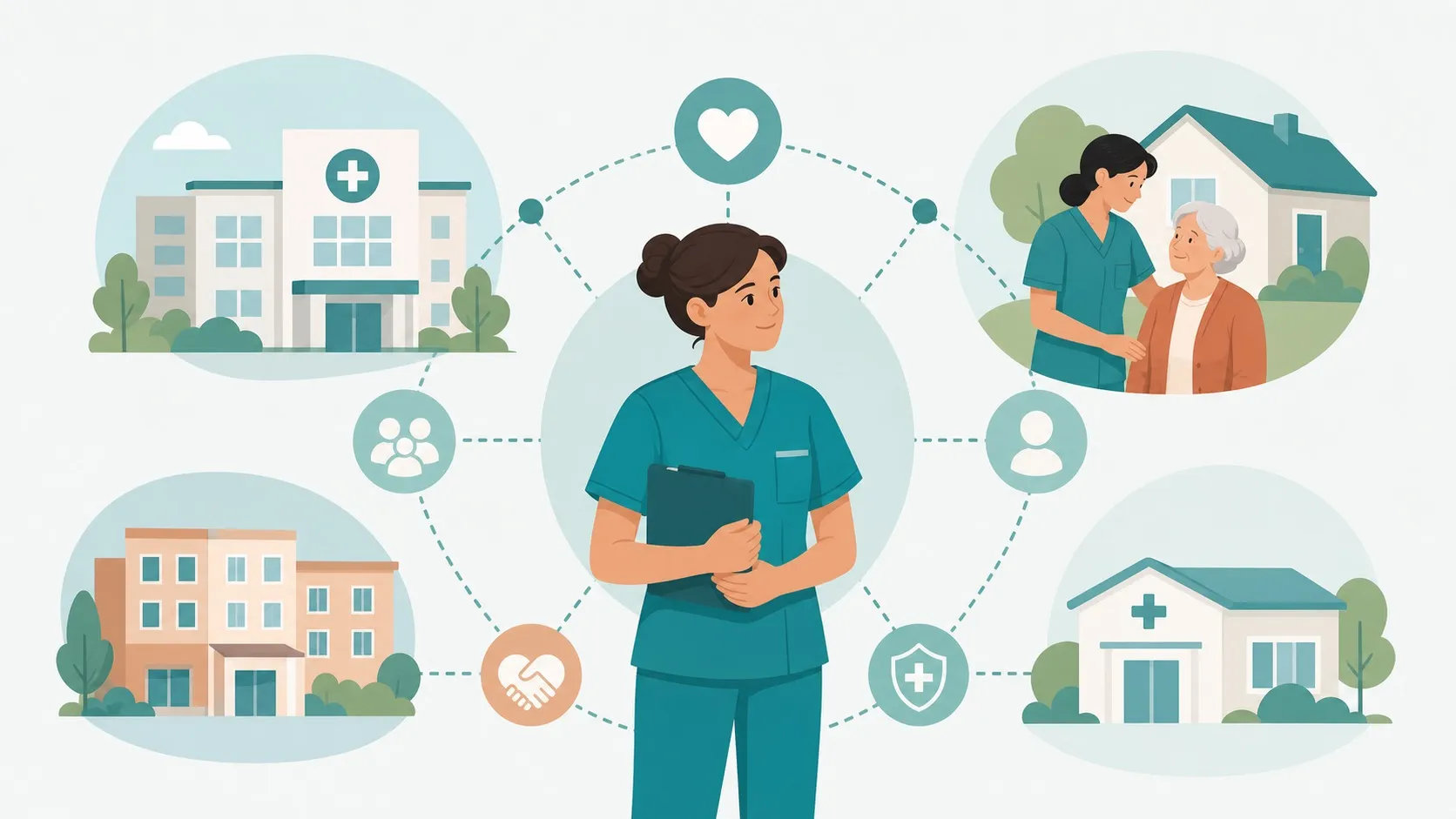 Illustrazione flat di una rete di servizi sanitari con OSS, ospedale, domicilio e RSA senza testo